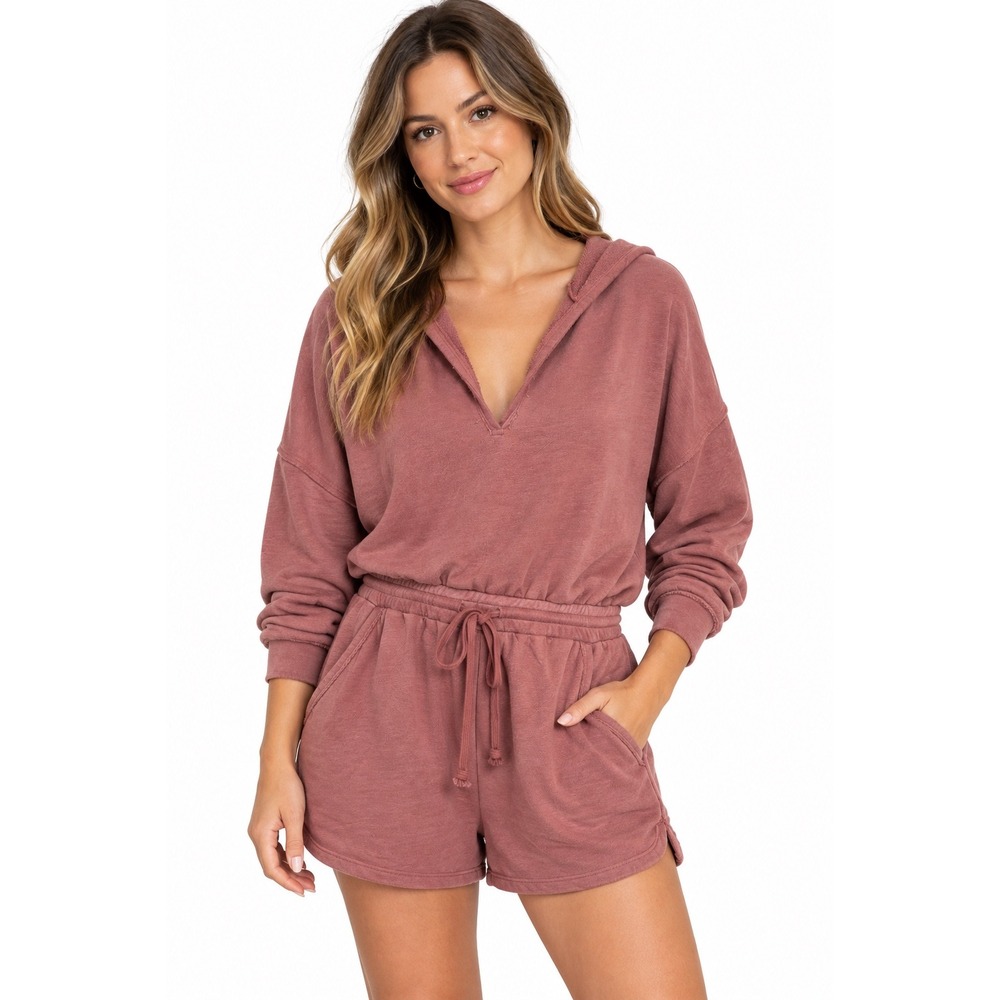 Lulus Mauve Pink French Terry Hooded Romper Long Sleeve V-Neck Size M NWT